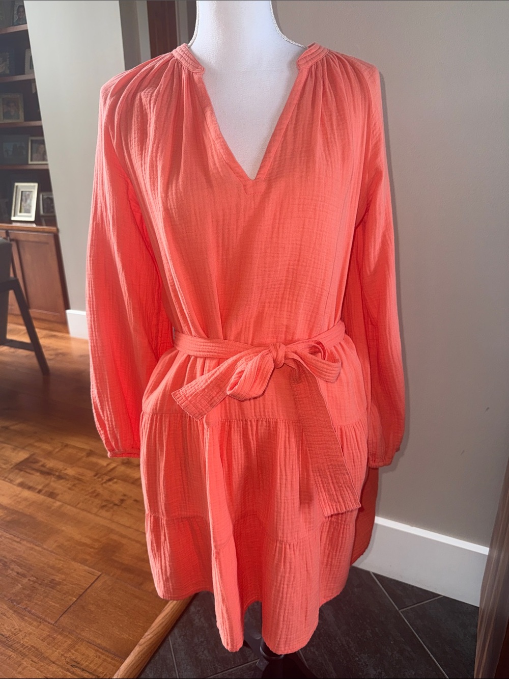 Rails Aureta papaya Coral Long-Sleeve V-Neck  Dress 100% organic cotton